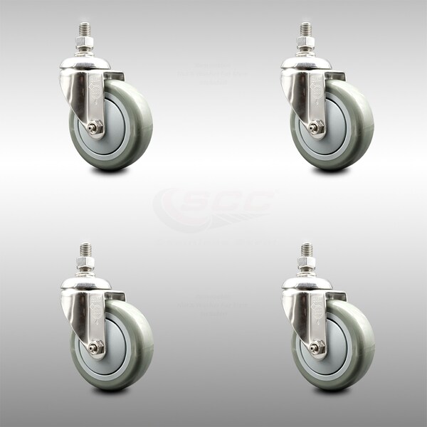 Service Caster 4 Inch 316SS Gray Polyurethane Wheel Swivel 1/2 Inch Threaded Stem Caster Set SCC SCC-SS316TS20S414-PPUB-121315-4 - main